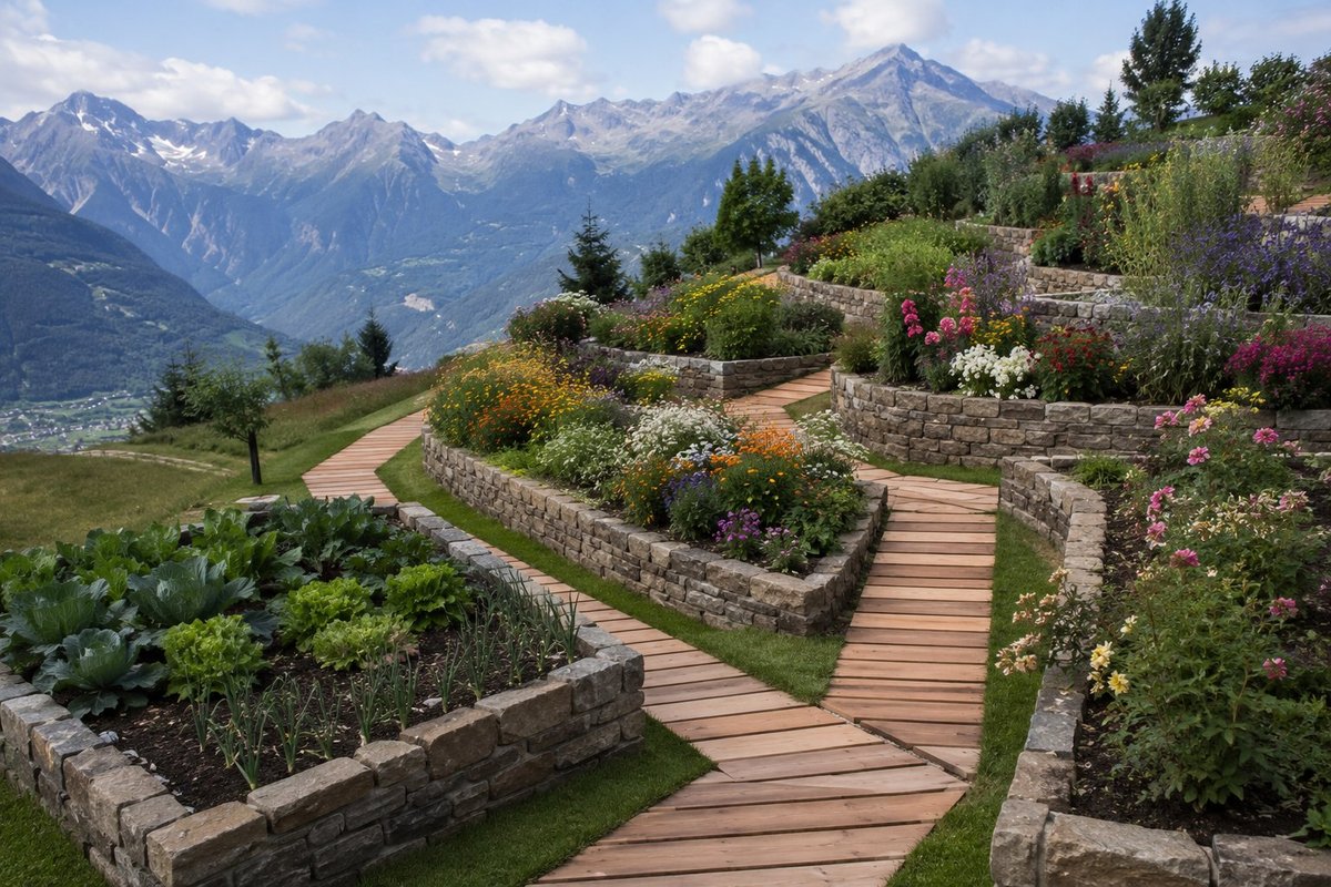 Alpix Bodendielen als Gartenweg in Graubünden mit Alpenpanorama