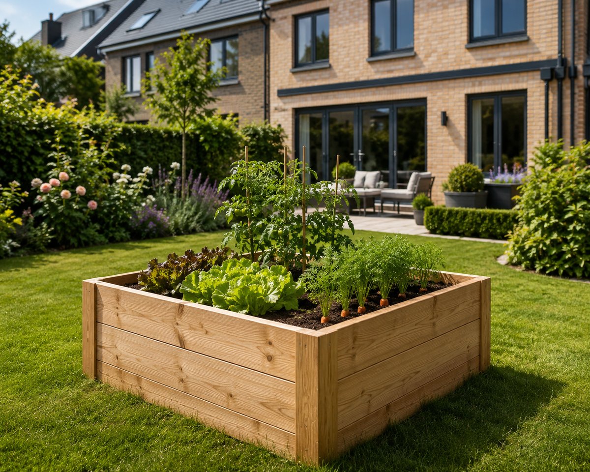Hochbeet WoodyGrow aus FSC-Lärchenholz mit Gemüse im Garten