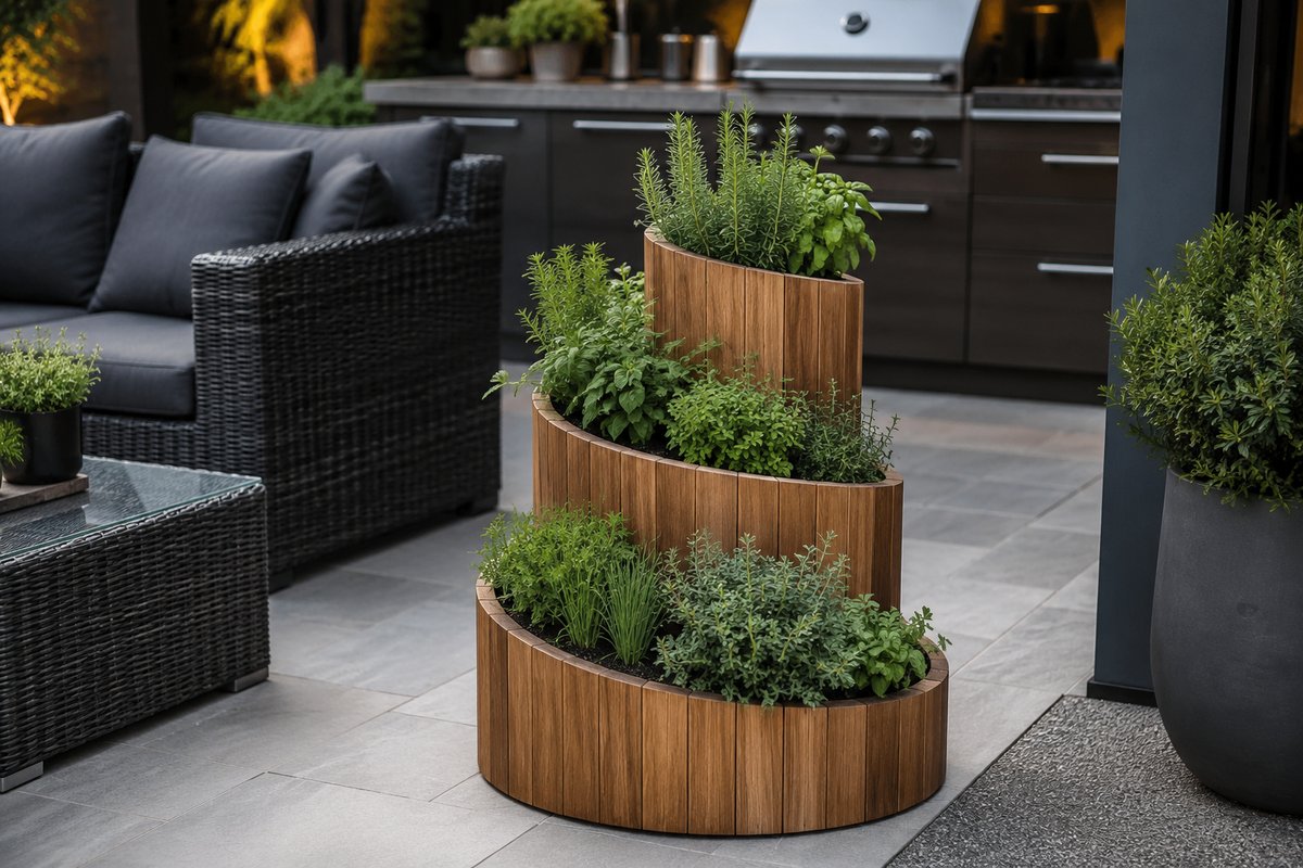 Kräuterspirale Herby auf Terrasse mit üppiger Kräuterbepflanzung